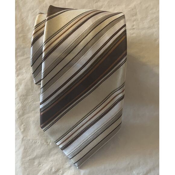 Valerio Garati Necktie  - 100% Polyester Brown Cream Gray Off White Striped Tie - Picture 2 of 13